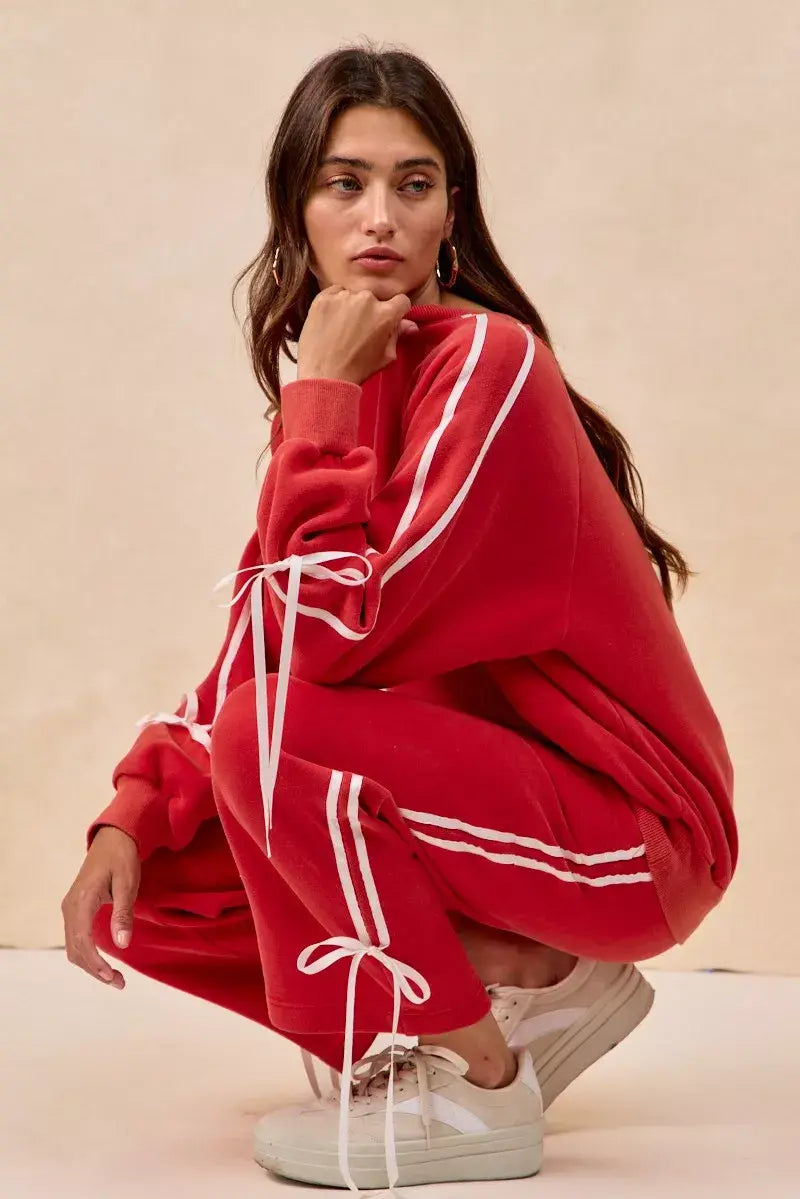 BiBi Side Lined Bow Details Fleece Sweatpants - Trendsi - Flyclothing LLC