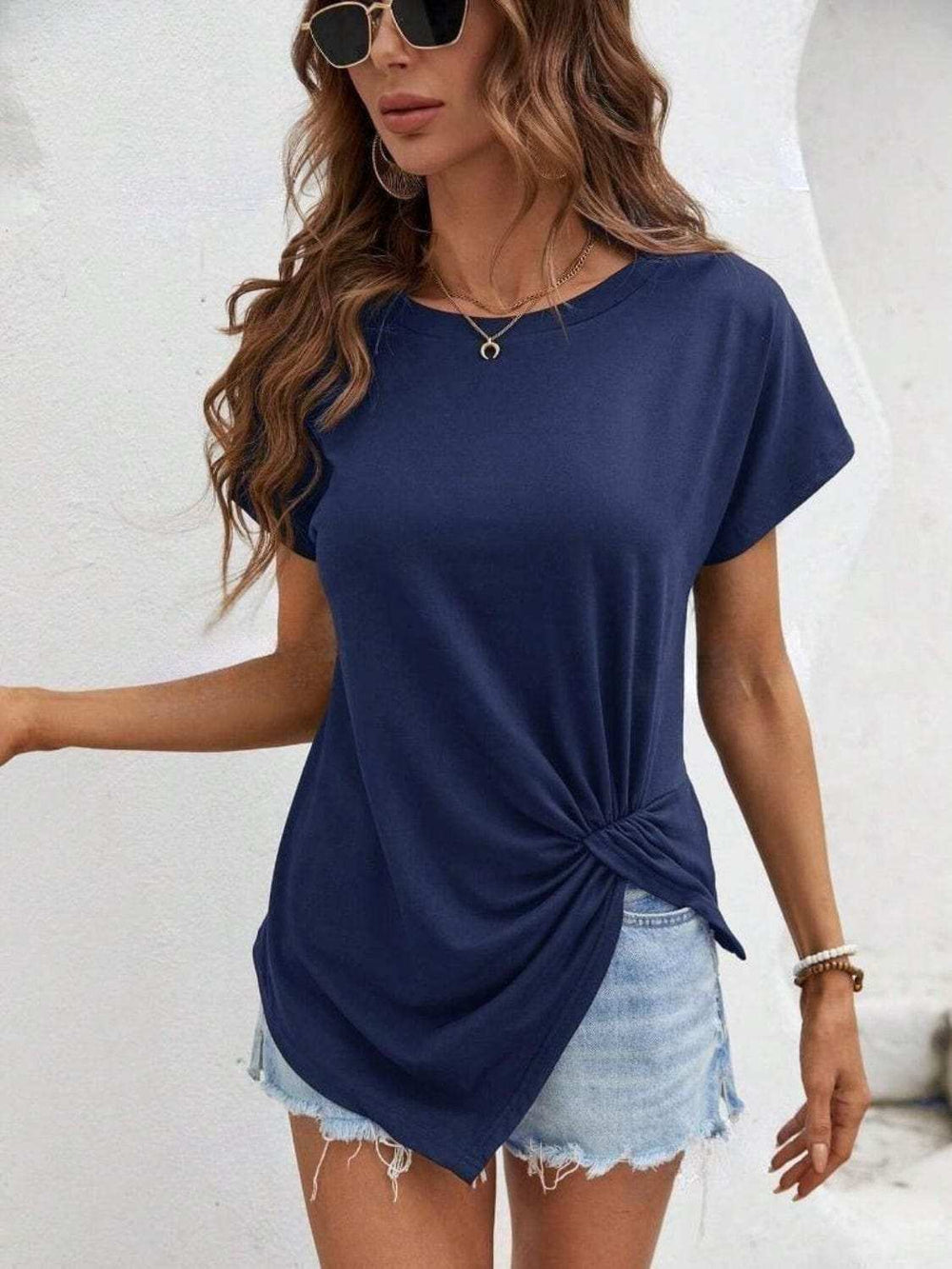 Asymmetric Hem Round Neck T-Shirt - Trendsi - Flyclothing LLC