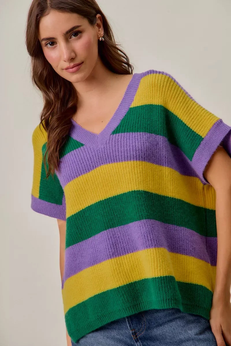 SO ME Mardi Gras Loose Fit V Neck Stripe Sweater Top - Trendsi - Flyclothing LLC