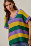 SO ME Mardi Gras Loose Fit V Neck Stripe Sweater Top - Trendsi - Flyclothing LLC