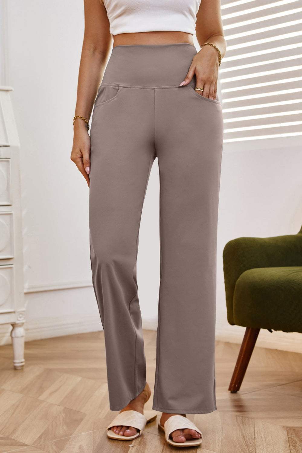 High Waist Wide Leg Pants with Pockets - Trendsi - Flyclothing LLC