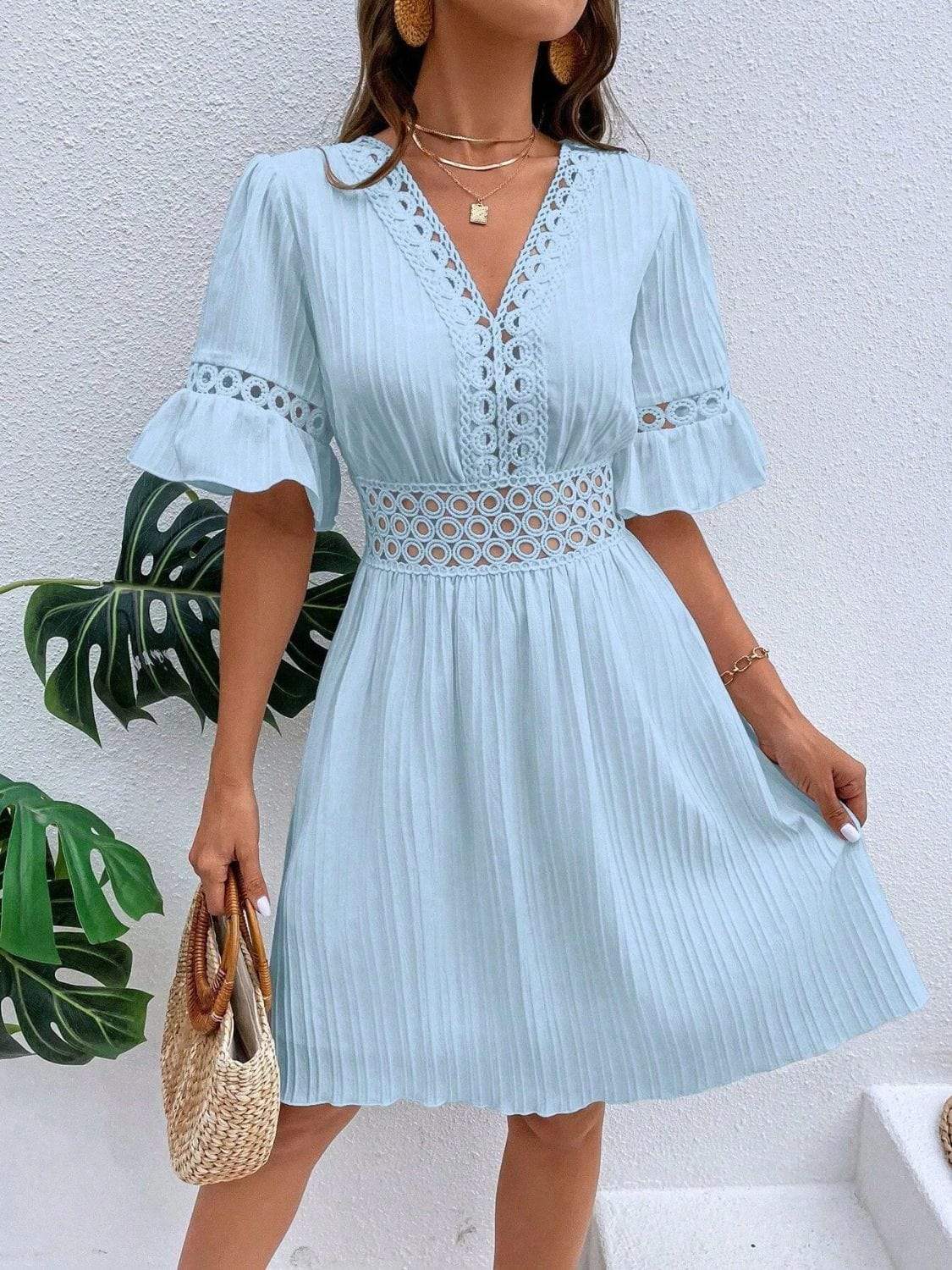 Cutout V-Neck Flounce Sleeve Mini Dress - Trendsi - Flyclothing LLC
