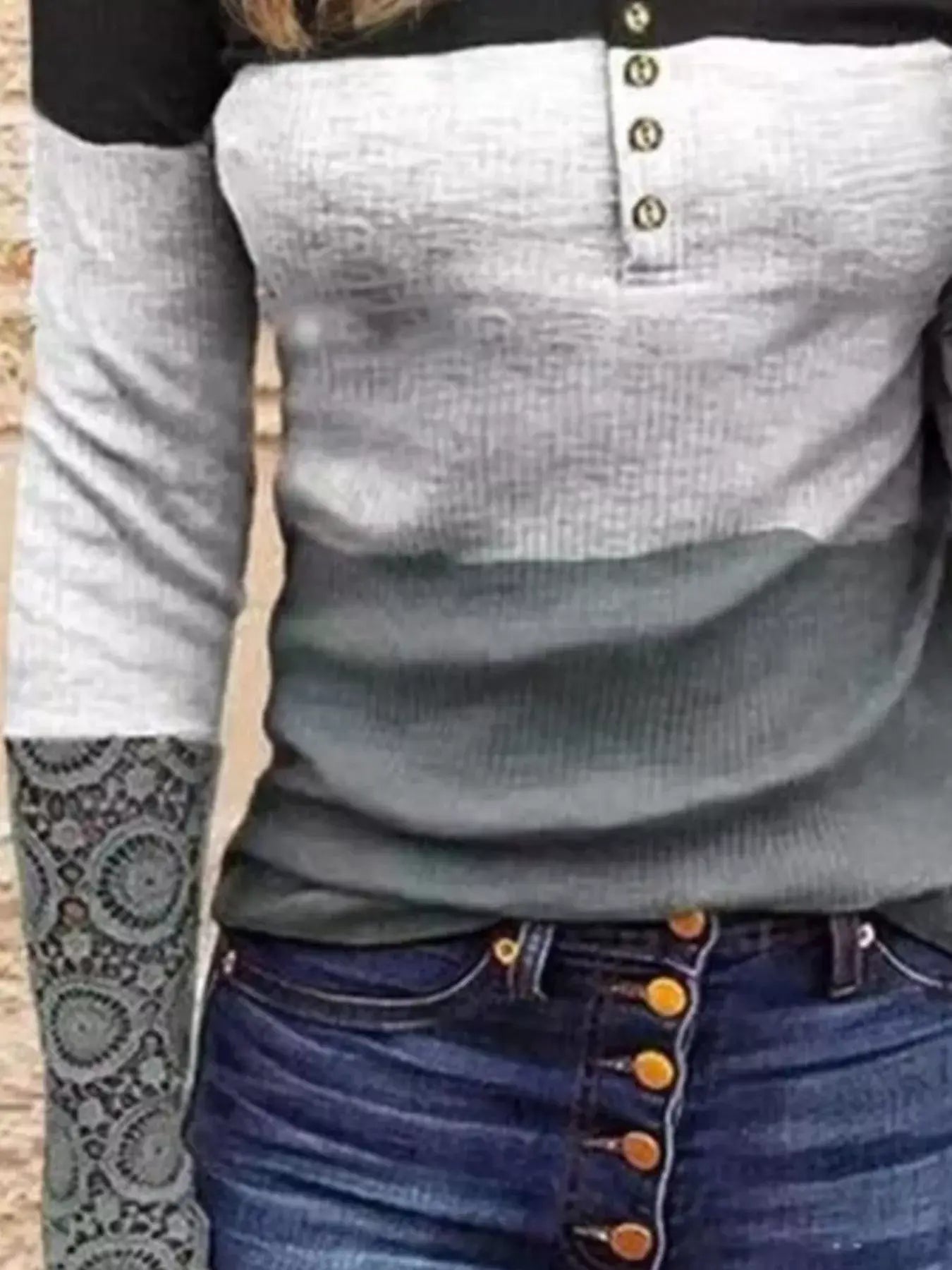 Color Block Lace Detail Half Button T-Shirt - Trendsi - Flyclothing LLC