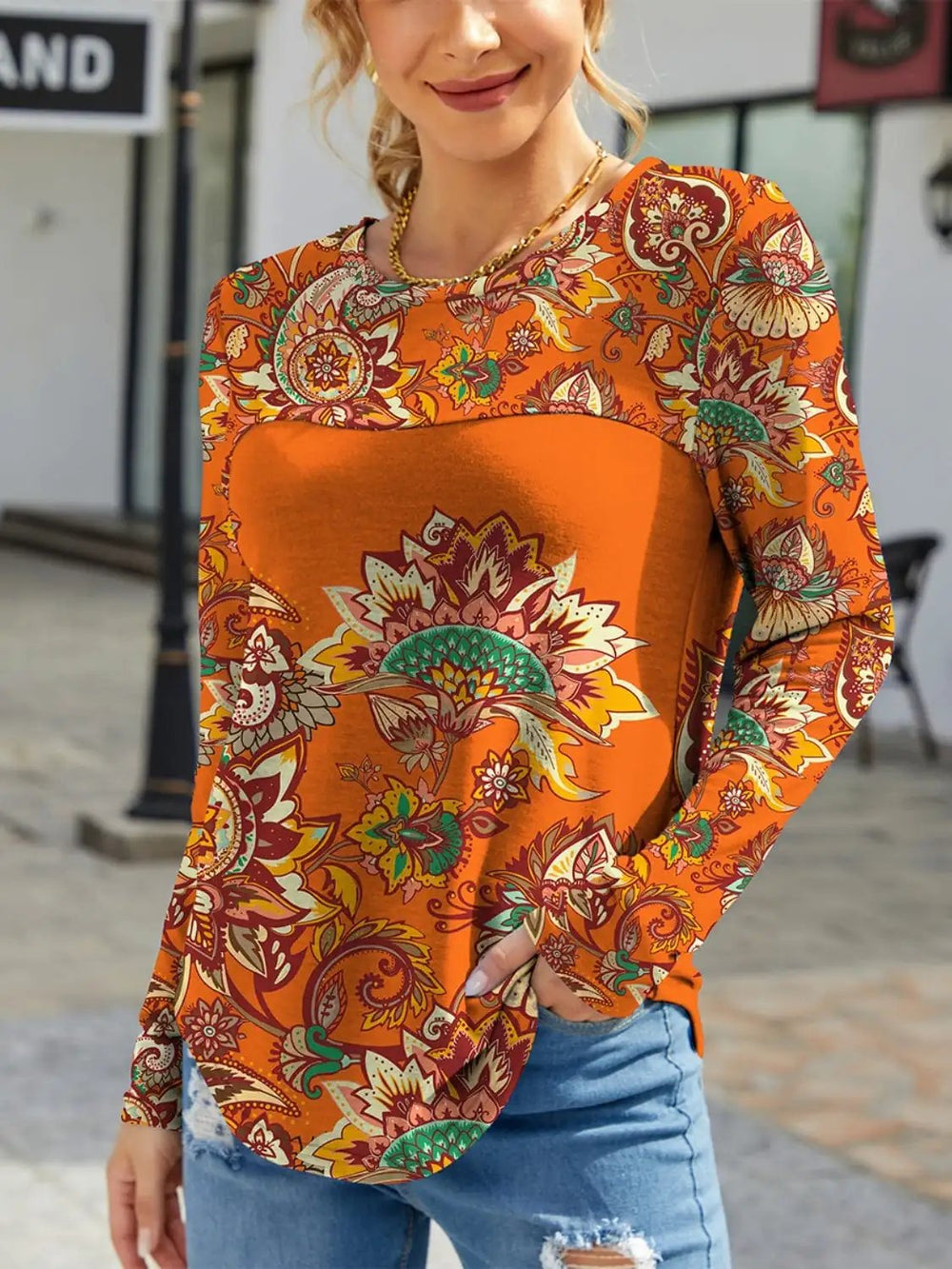 Printed Round Neck Long Sleeve T-Shirt - Trendsi