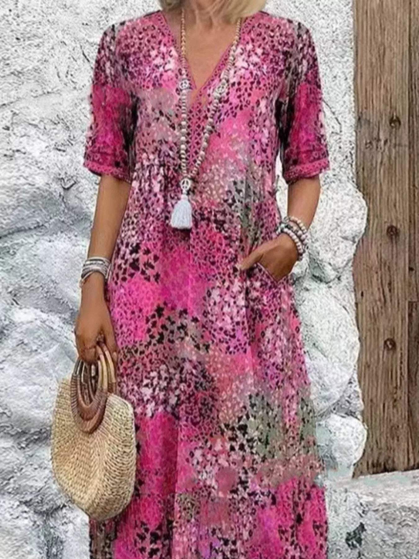 Full Size Printed V-Neck Half Sleeve Dress Plus Size - Trendsi - Flyclothing LLC