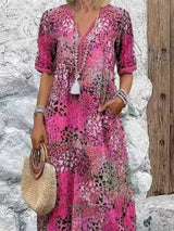 Full Size Printed V-Neck Half Sleeve Dress Plus Size - Trendsi - Flyclothing LLC