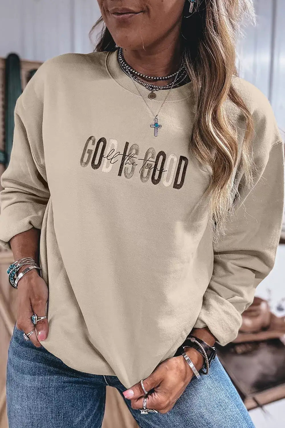 God Is Good Letter Graphic Crew Neck Sweatshirt - Trendsi - Flyclothing LLC