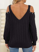 Cable-Knit Cold Shoulder Sweater - Trendsi - Flyclothing LLC