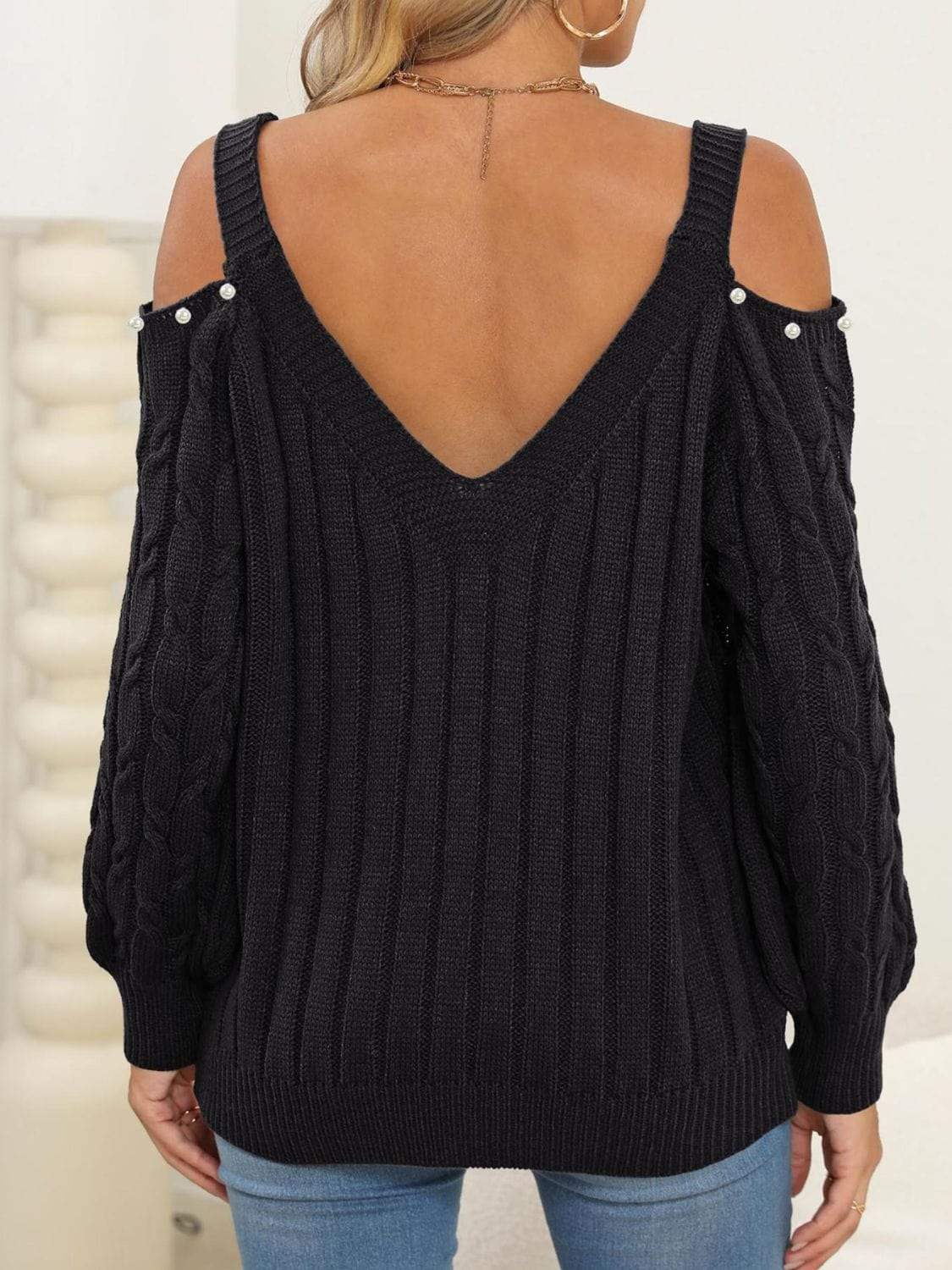 Cable-Knit Cold Shoulder Sweater - Trendsi - Flyclothing LLC