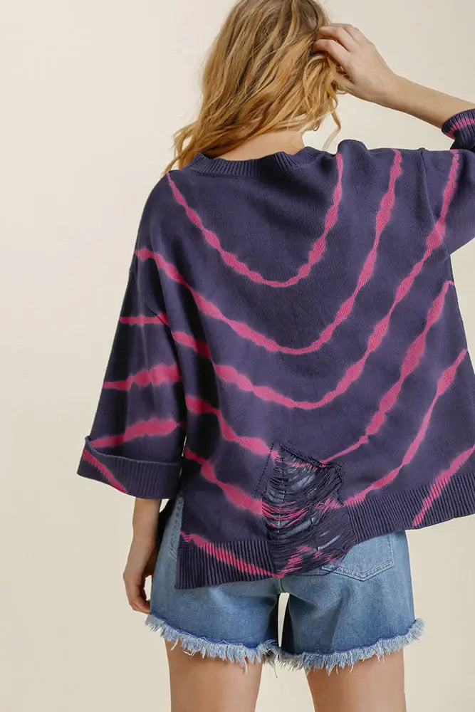 Umgee Full Size Tie Dye Side Slit Round Neck Distressed Detail Sweater Plus Size - Trendsi - Flyclothing LLC