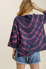 Umgee Full Size Tie Dye Side Slit Round Neck Distressed Detail Sweater Plus Size - Trendsi - Flyclothing LLC