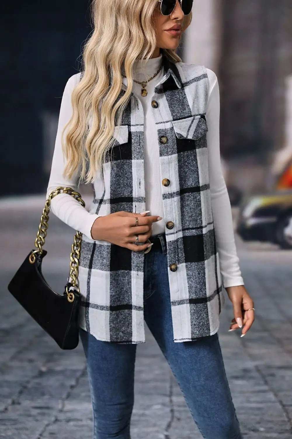 Plaid Button Up Vest Coat - Trendsi - Flyclothing LLC