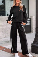 Striped Detail Crewneck Pullover Elastic Sweatpants 2pcs Outfit - Trendsi - Flyclothing LLC