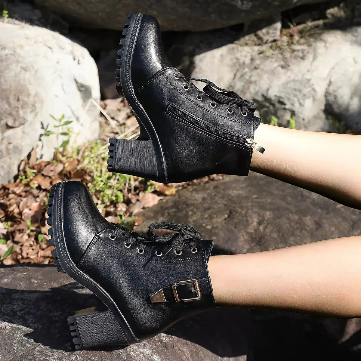 Lace Up Block Heels Boots - Trendsi - Flyclothing LLC