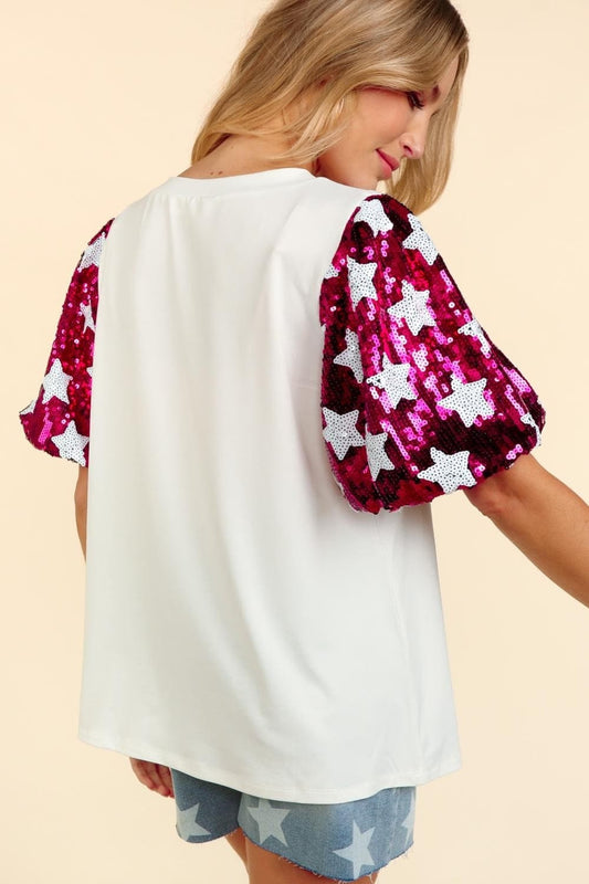 Haptics Star Sequin Bubble Short Sleeve Top - Trendsi