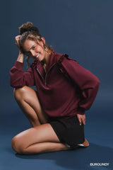 Umgee Luxeknit Ruffle Shoulder Quarter-Zip Sweatshirt - Trendsi - Flyclothing LLC