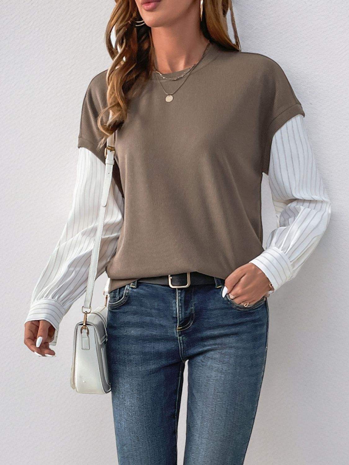 Perfee Round Neck Striped Sleeve Sweatshirt - Trendsi - Flyclothing LLC