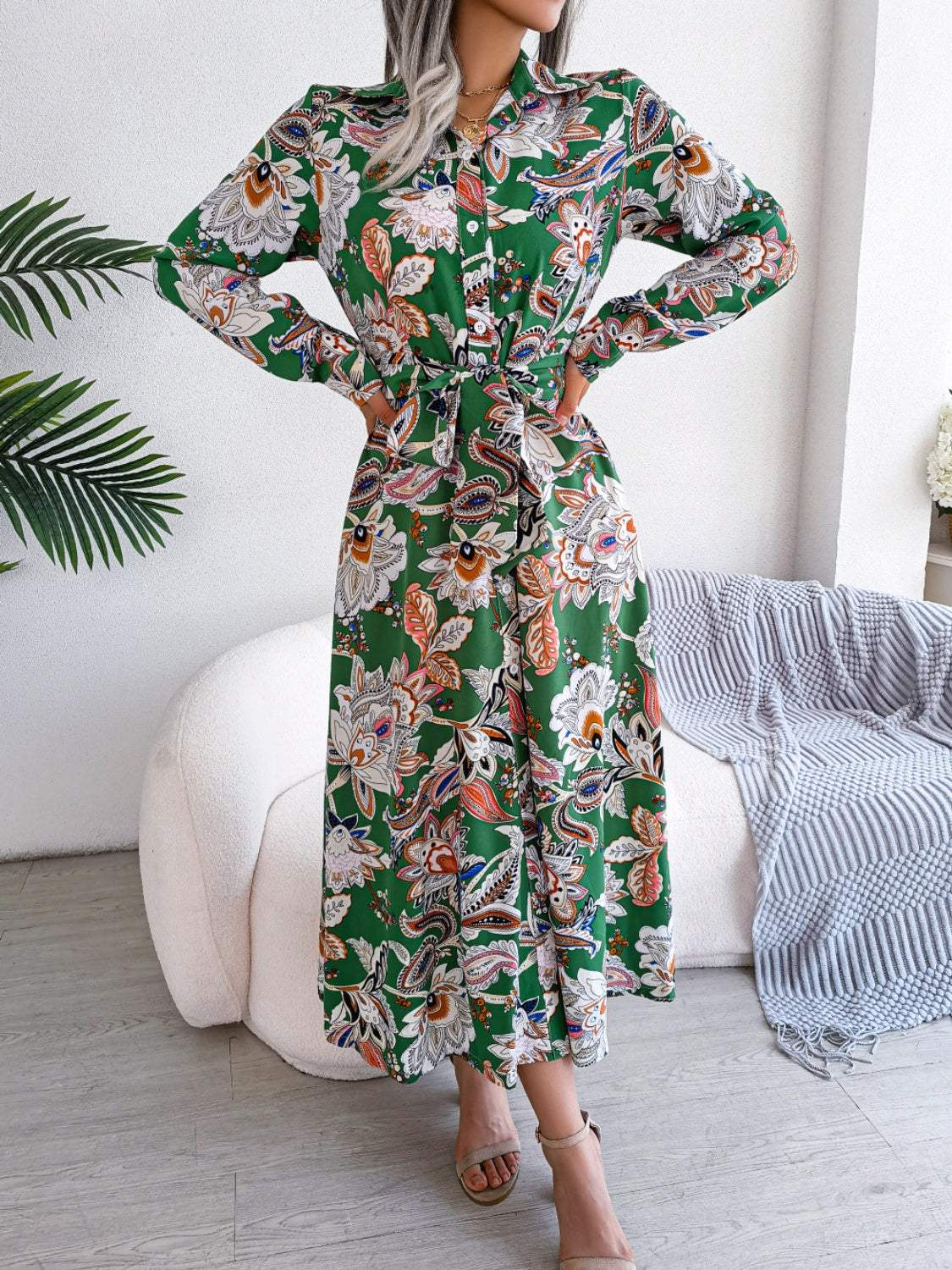 Tied Printed Long Sleeve Midi Dress - Trendsi - Flyclothing LLC