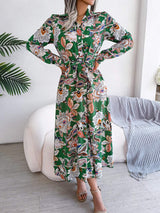 Tied Printed Long Sleeve Midi Dress - Trendsi - Flyclothing LLC