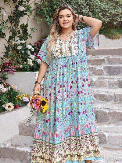 Plus Size Printed Tie Neck Flutter Sleeve Maxi Dress - Trendsi - Flyclothing LLC