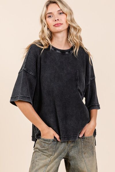Mittoshop Mineral Wash Waffle Knit Short Sleeve Top - Trendsi