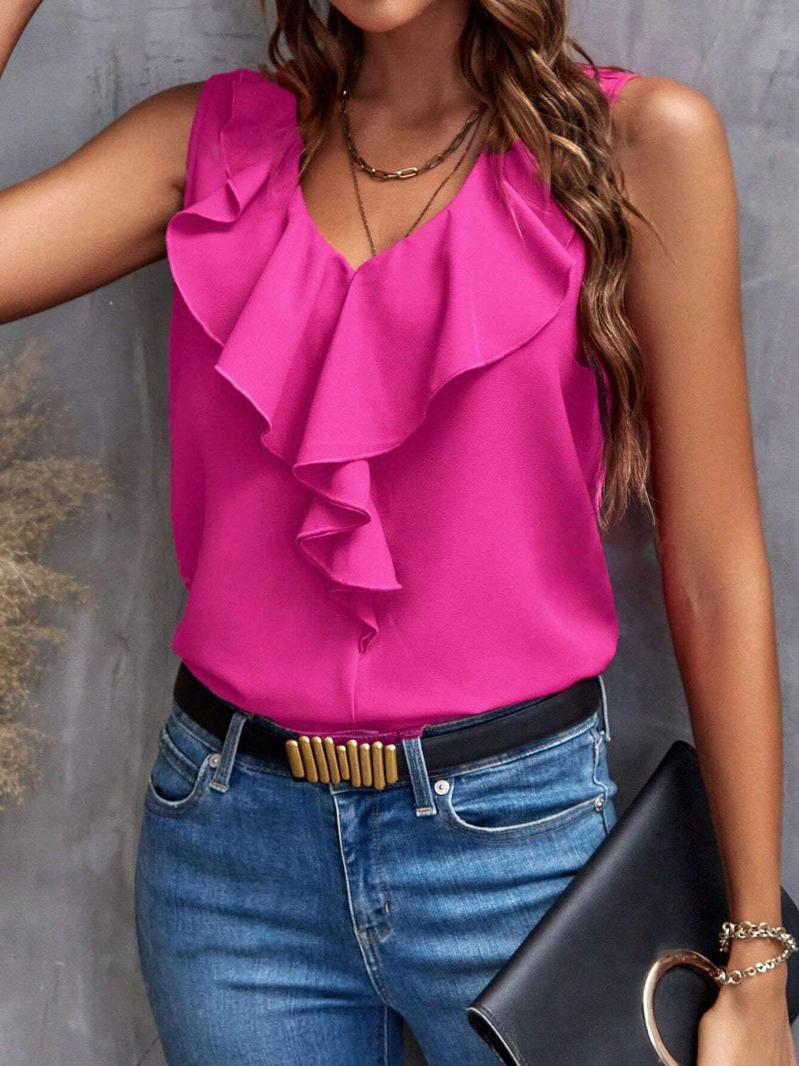 Ruffled V-Neck Tank - Trendsi - Flyclothing LLC