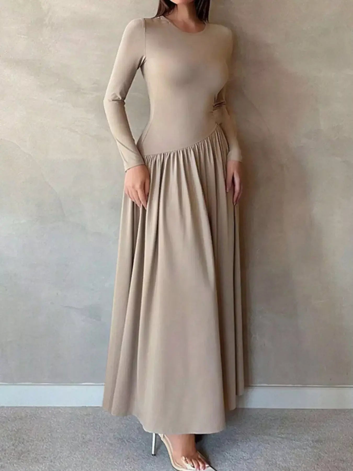 Long Sleeve Ruched A-Line Maxi Dress - Trendsi - Flyclothing LLC