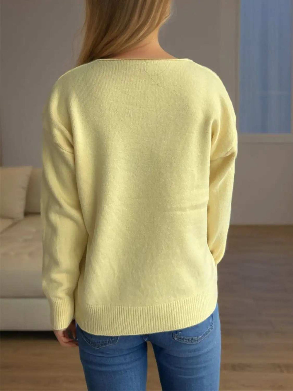 V-Neck Dropped Shoulder Long Sleeve Sweater - Trendsi - Flyclothing LLC