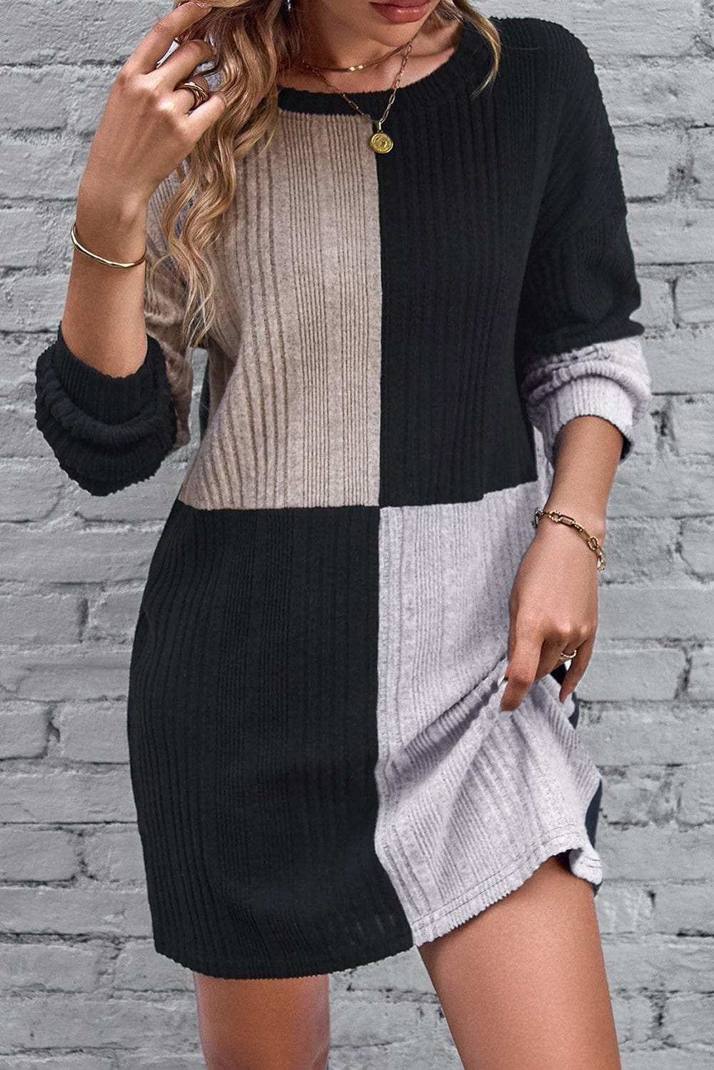 Color Block Drop Shoulder Long Sleeve Mini Dress - Trendsi - Flyclothing LLC