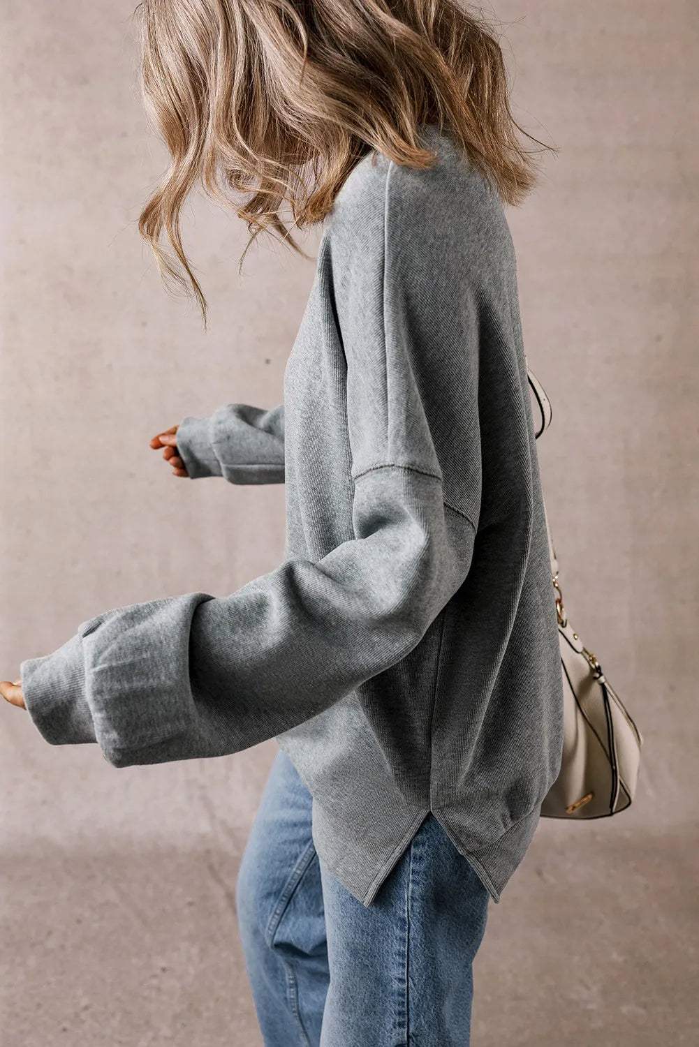Slit Round Neck Long Sleeve Sweatshirt - Trendsi - Flyclothing LLC