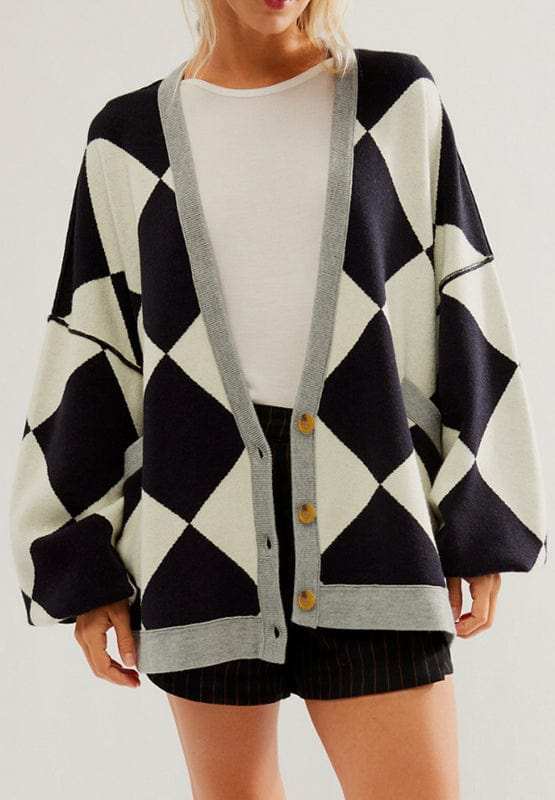 Color Block Button Down Long Sleeve Cardigan - Trendsi - Flyclothing LLC