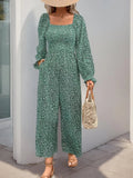 Perfee Smocked Printed Long Sleeve Wide Leg Jumpsuit - Trendsi
