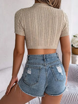 Cable Knit Openwork Round Neck Knit Top - Trendsi - Flyclothing LLC