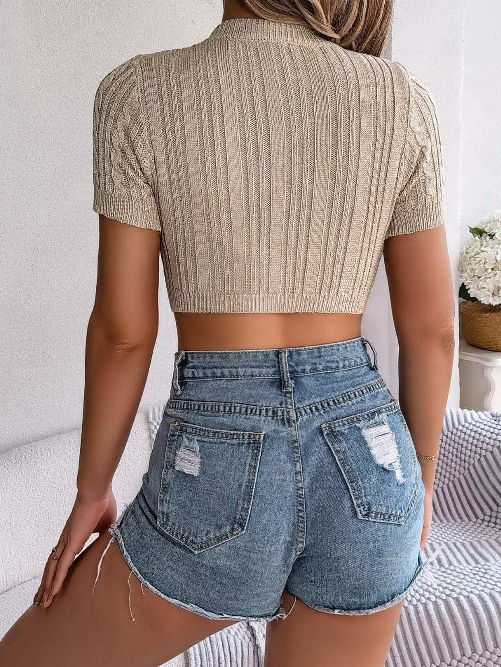 Cable Knit Openwork Round Neck Knit Top - Trendsi - Flyclothing LLC