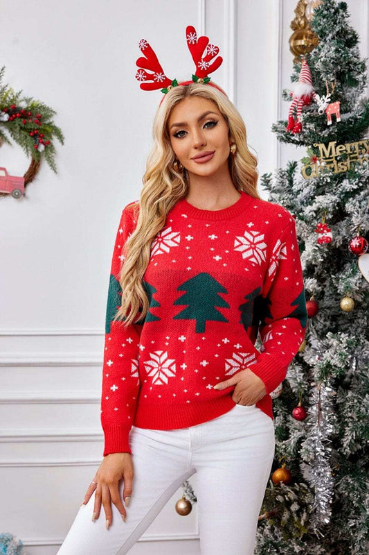 Christmas Tree Round Neck Long Sleeve Sweater - Trendsi - Flyclothing LLC