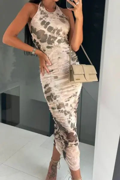 Backless Printed Halter Neck Dress - Trendsi - Flyclothing LLC