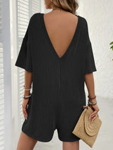 Backless Textured Round Neck Half Sleeve Romper - Trendsi - Flyclothing LLC