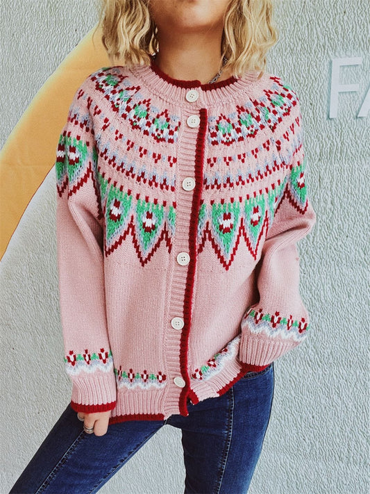 Contrast Geometric Round Neck Long Sleeve Cardigan - Trendsi