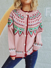 Contrast Geometric Round Neck Long Sleeve Cardigan - Trendsi