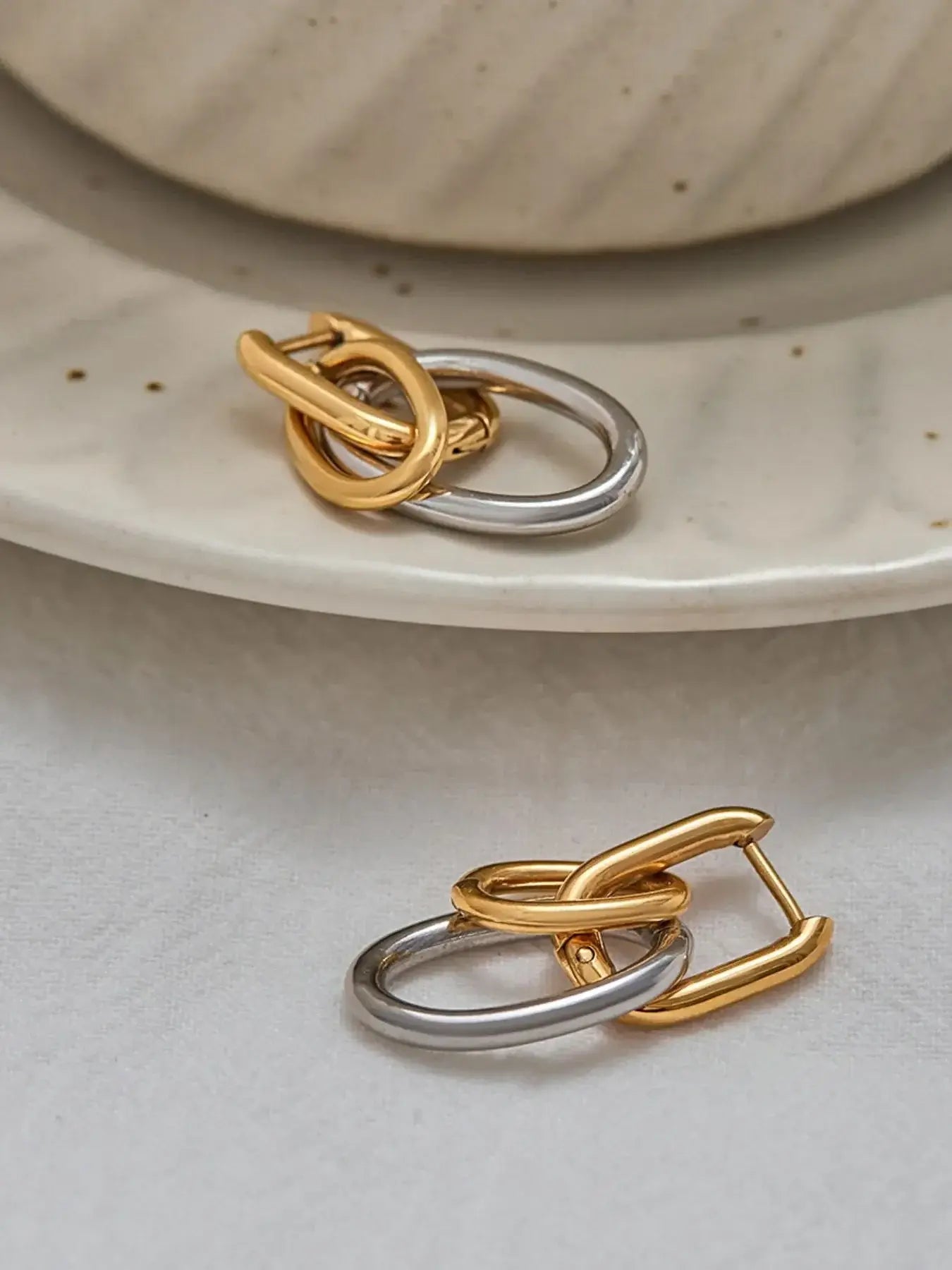 Stainless Steel Two-Tone Interlocked Hoop Earrings - Trendsi - Flyclothing LLC