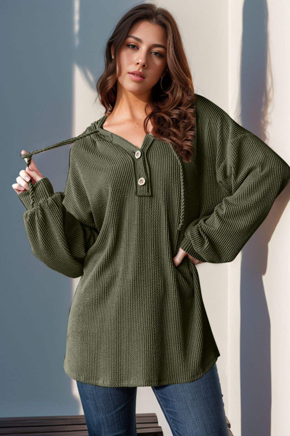 Double Take Full Size Half Button Long Sleeve Hoodie - Trendsi - Flyclothing LLC