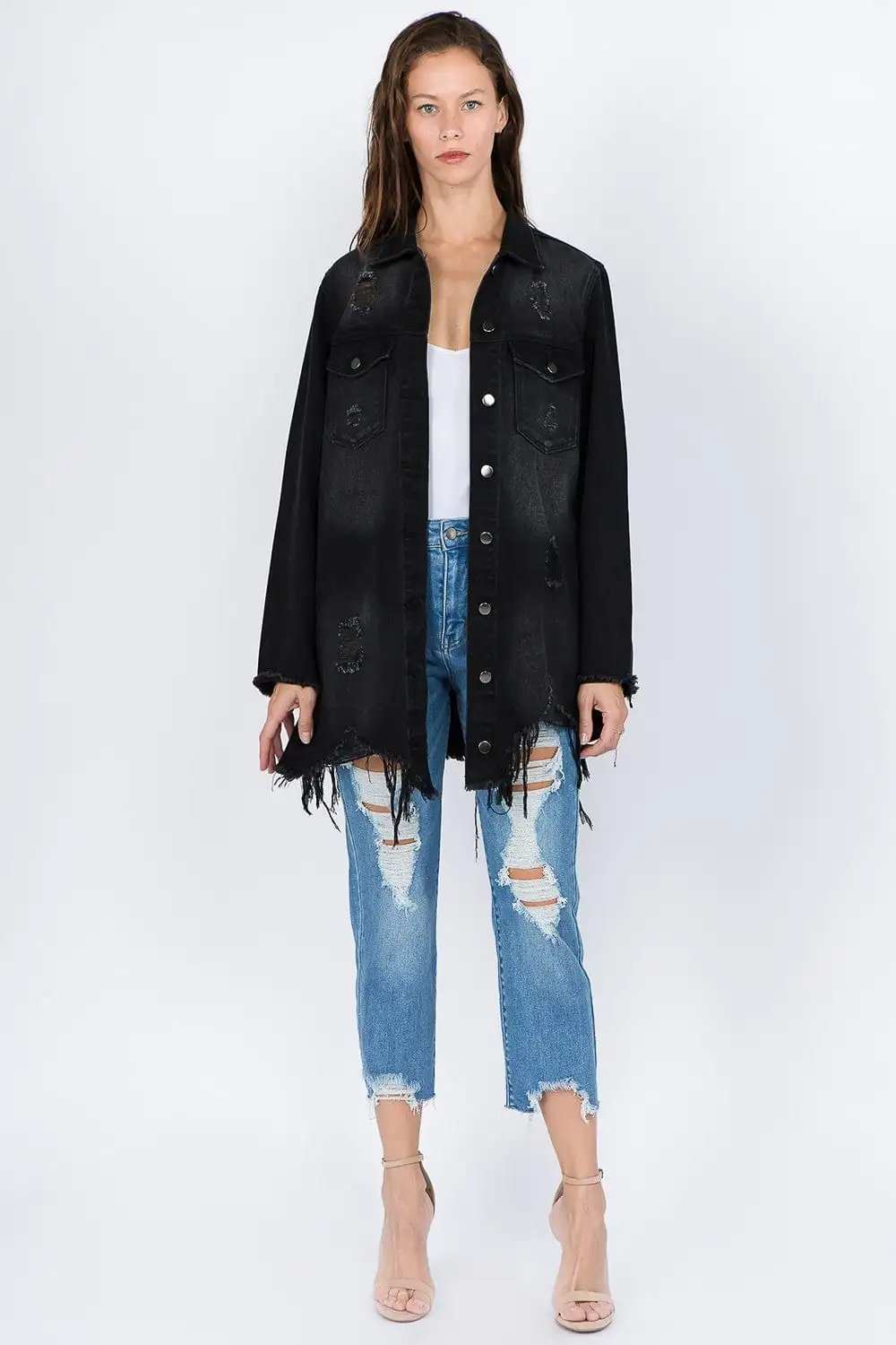 American Bazi Distressed Frayed Hem Denim Jacket - Trendsi - Flyclothing LLC