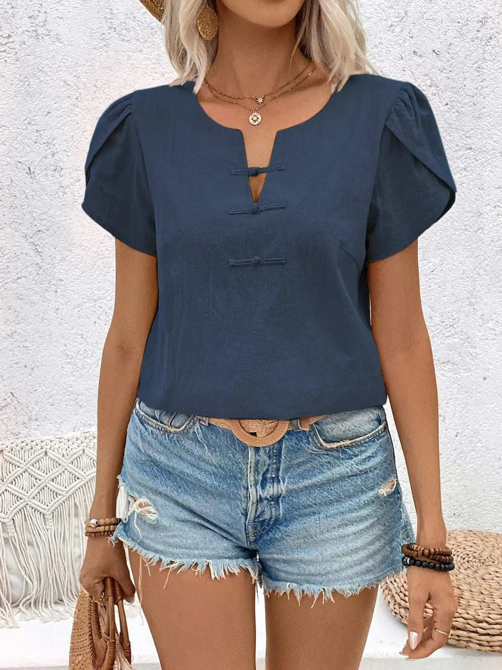 Notched Short Sleeve Blouse - Trendsi - Flyclothing LLC