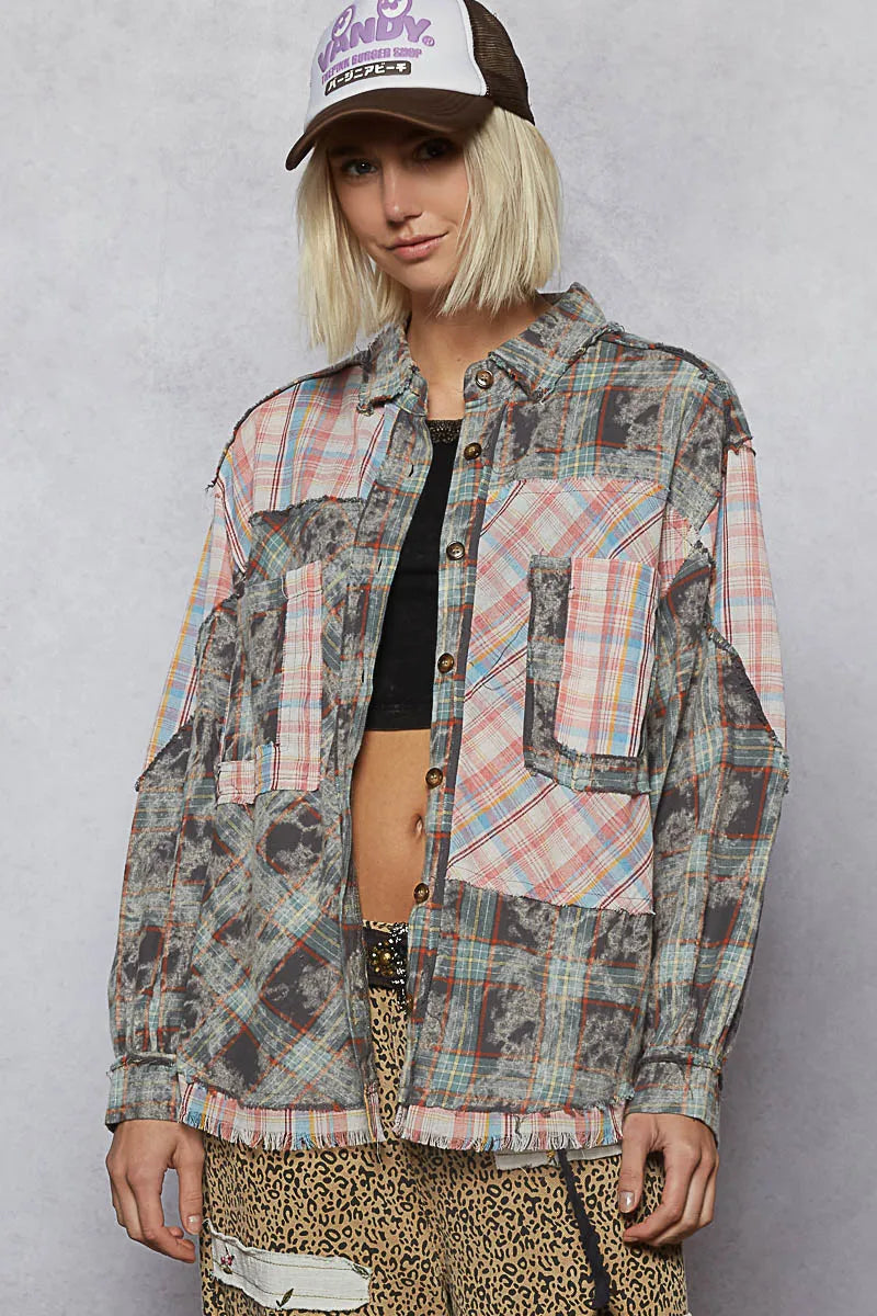 POL Plaid Patchwork Long Sleeve Shirt with Raw Edge Detail - Trendsi
