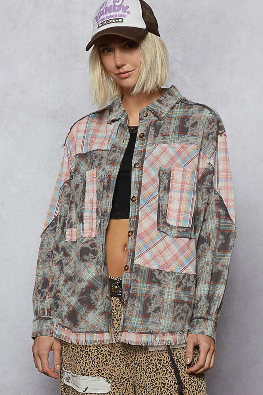 POL Plaid Patchwork Long Sleeve Shirt with Raw Edge Detail - Trendsi - Flyclothing LLC
