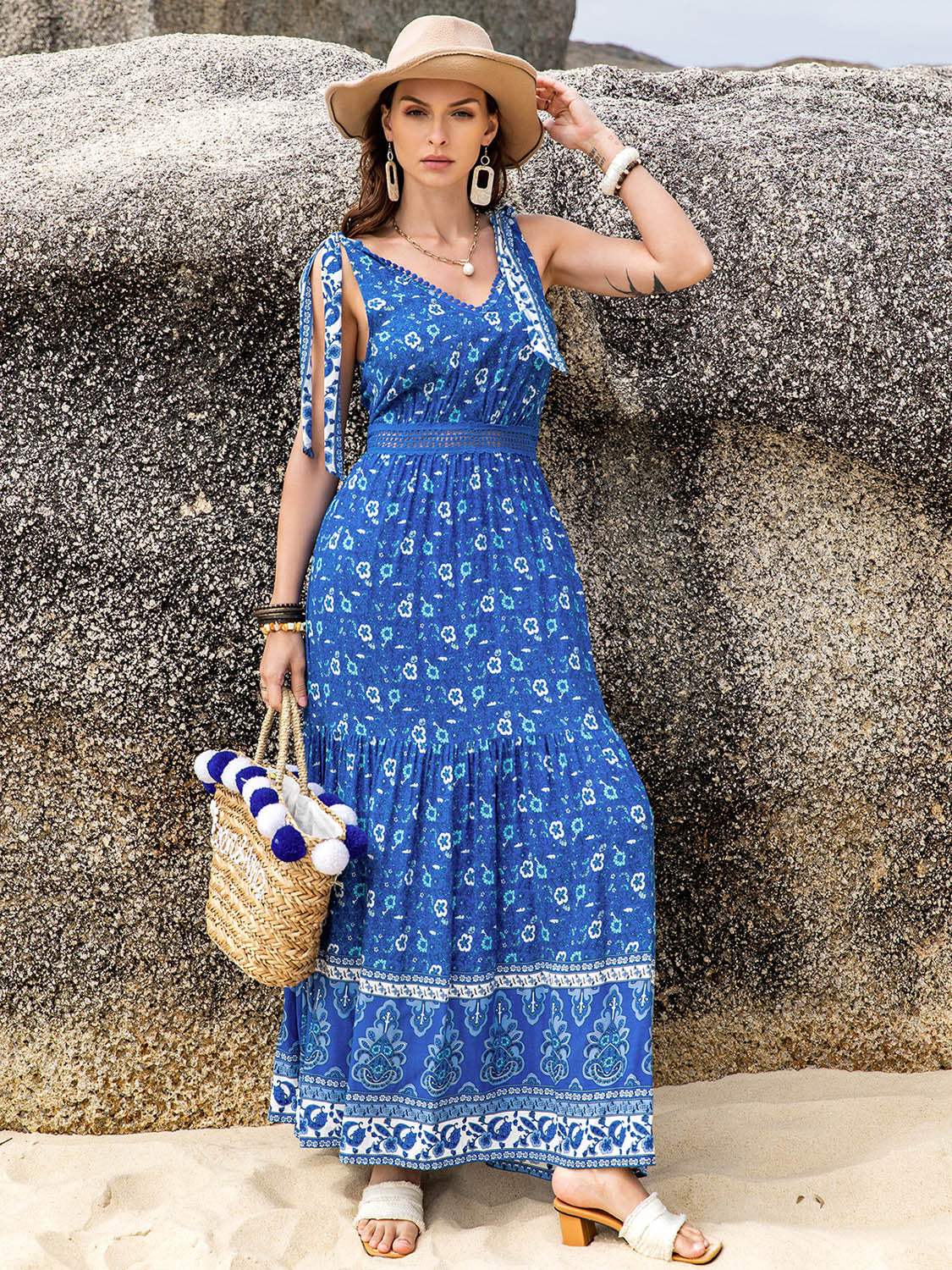 Printed V-Neck Tie Shoulder Dress - Trendsi - Flyclothing LLC