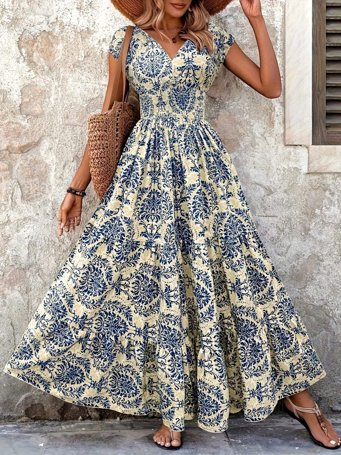 Printed Cap Sleeve Maxi Dress - Trendsi - Flyclothing LLC