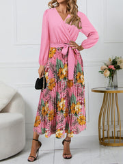 Pleated Printed Surplice Long Sleeve Dress - Trendsi