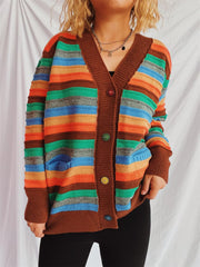 Contrast Stripes Button Up Long Sleeve Cardigan - Trendsi
