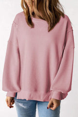 Slit Waffle-Knit Round Neck Long Sleeve Top - Trendsi - Flyclothing LLC